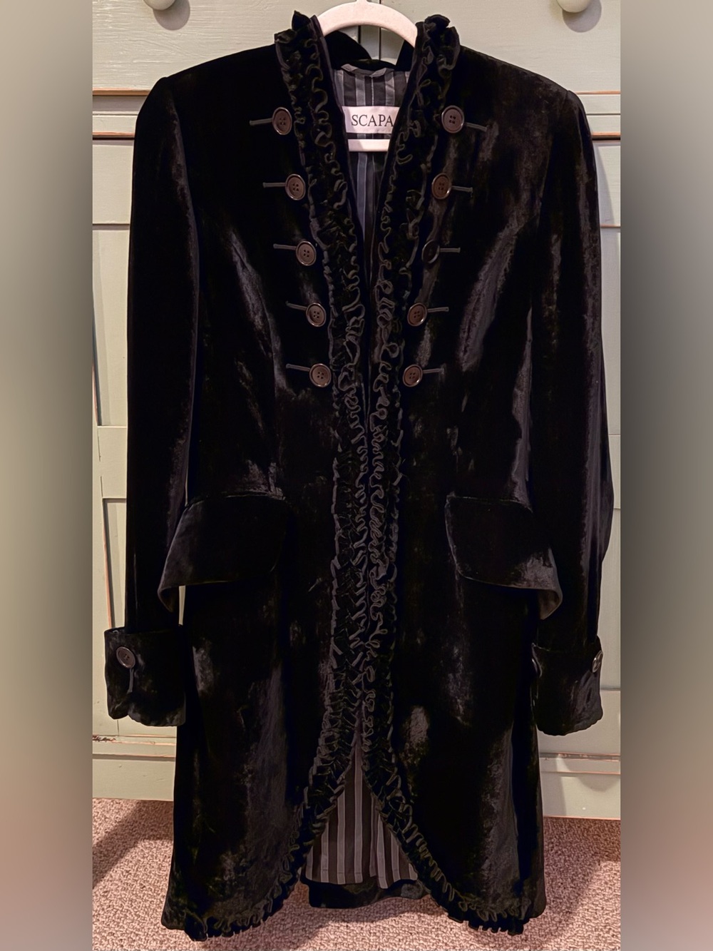 VINTAGE SCAPA Black Velvet Frock Coat Military Gothic Victorian Long Jacket(12) - Picture 3 of 16